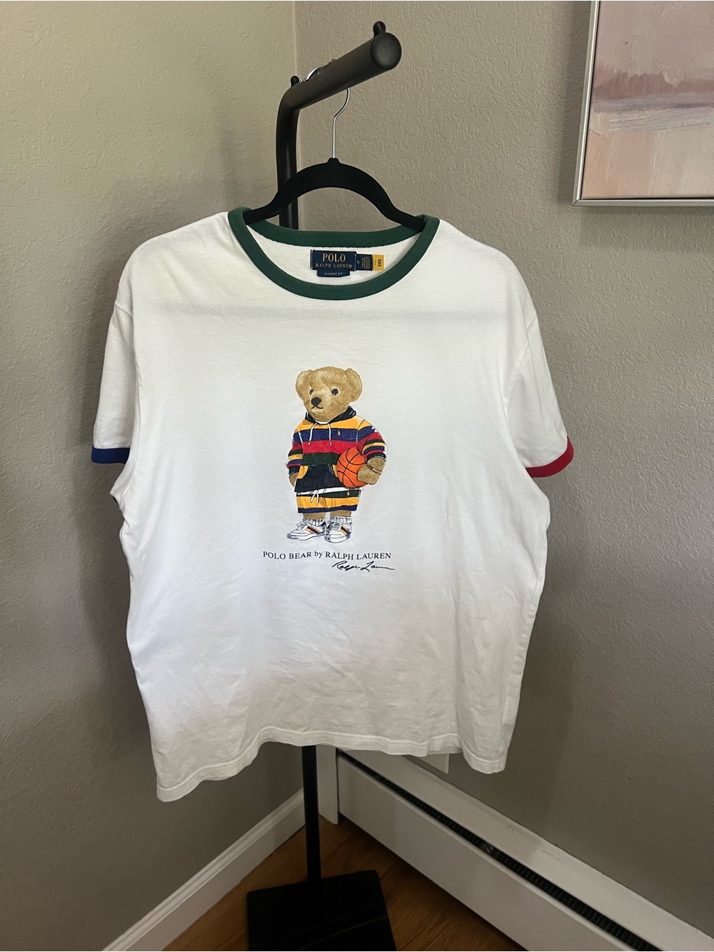 Ralph Lauren White Tee with Green Trim and Multicolor Bear Graphic